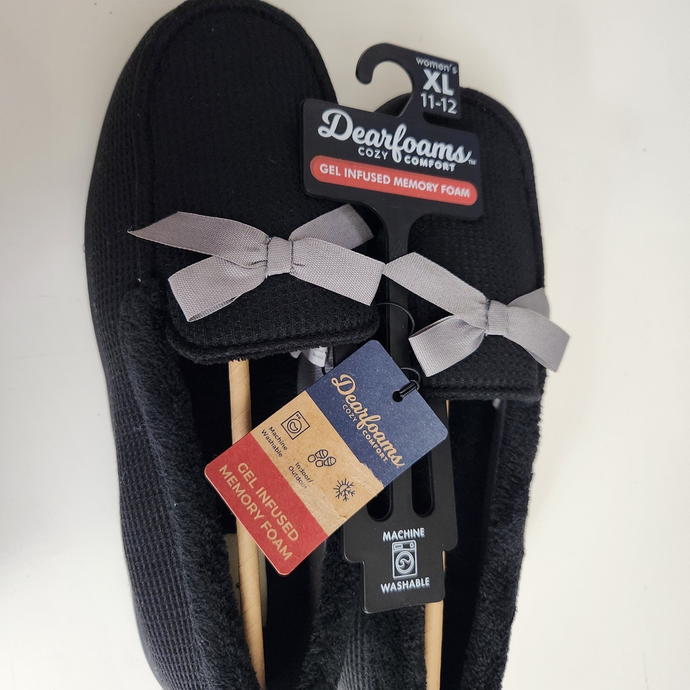 Dearfoams Women's Black Slippers with Gray Bows Sz. XL 11-12